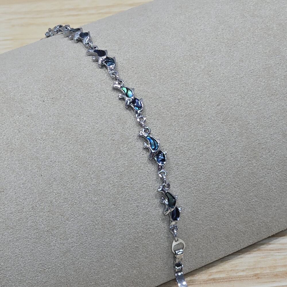 Silver Tone Double Dolphin Mother of Pearl Abalone Inlay 7" Bracelet Beachcore